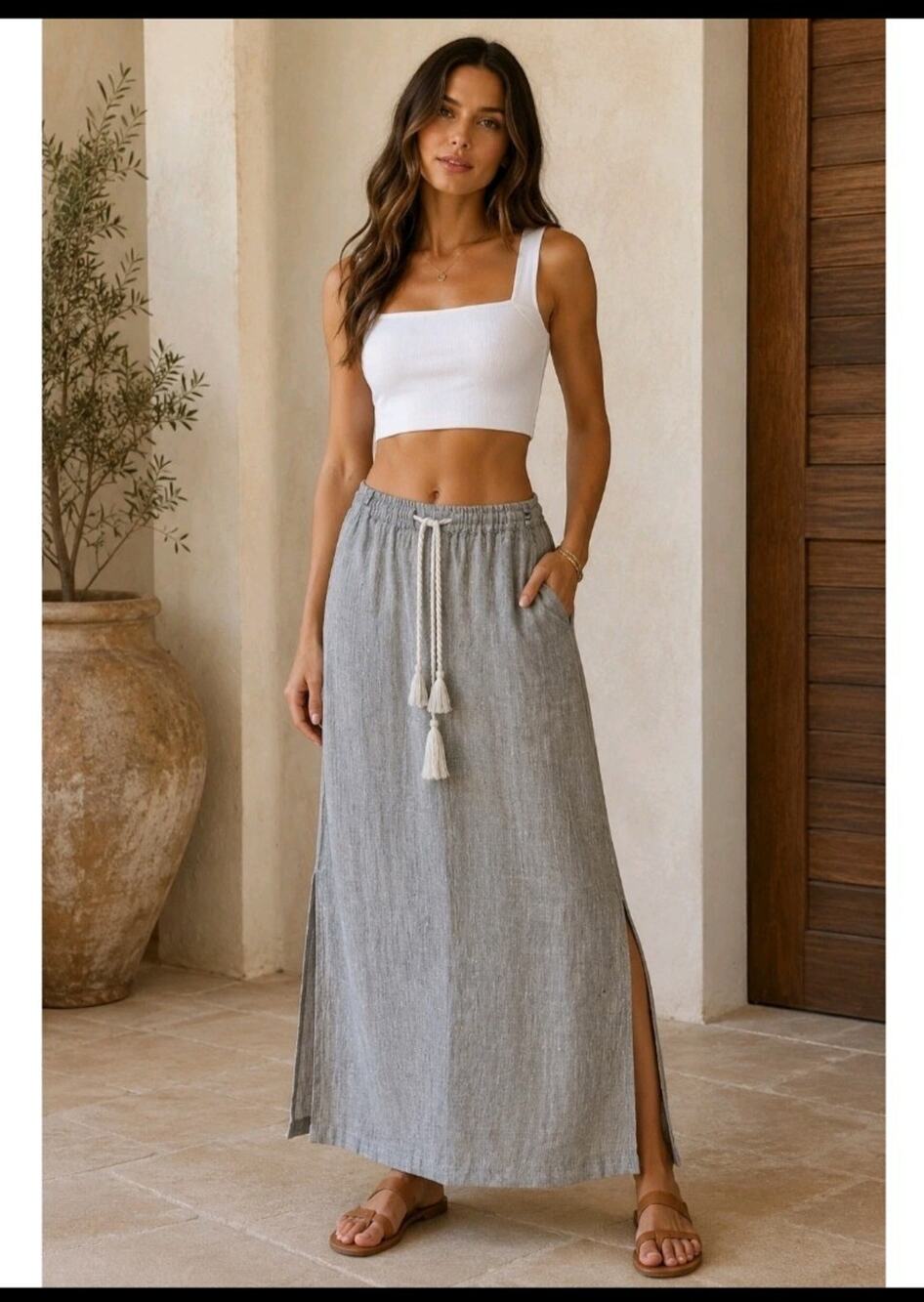 Tahari 100% Linen Maxi Skirt XS Gray Coastal Quiet Luxury Tassel Side Slit